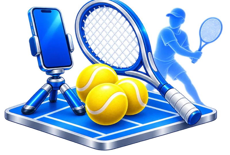 A phone on a tripod, a racket, balls, and a player on court