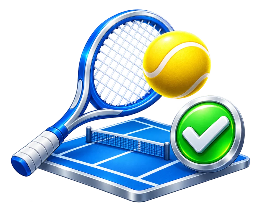 A racket, a tennis ball, a court, and a confirmation check mark